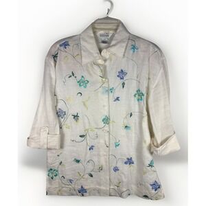 Vtg Allison Taylor Linen Tunic Med Floral Embroidered Split Side Roll Sleeve